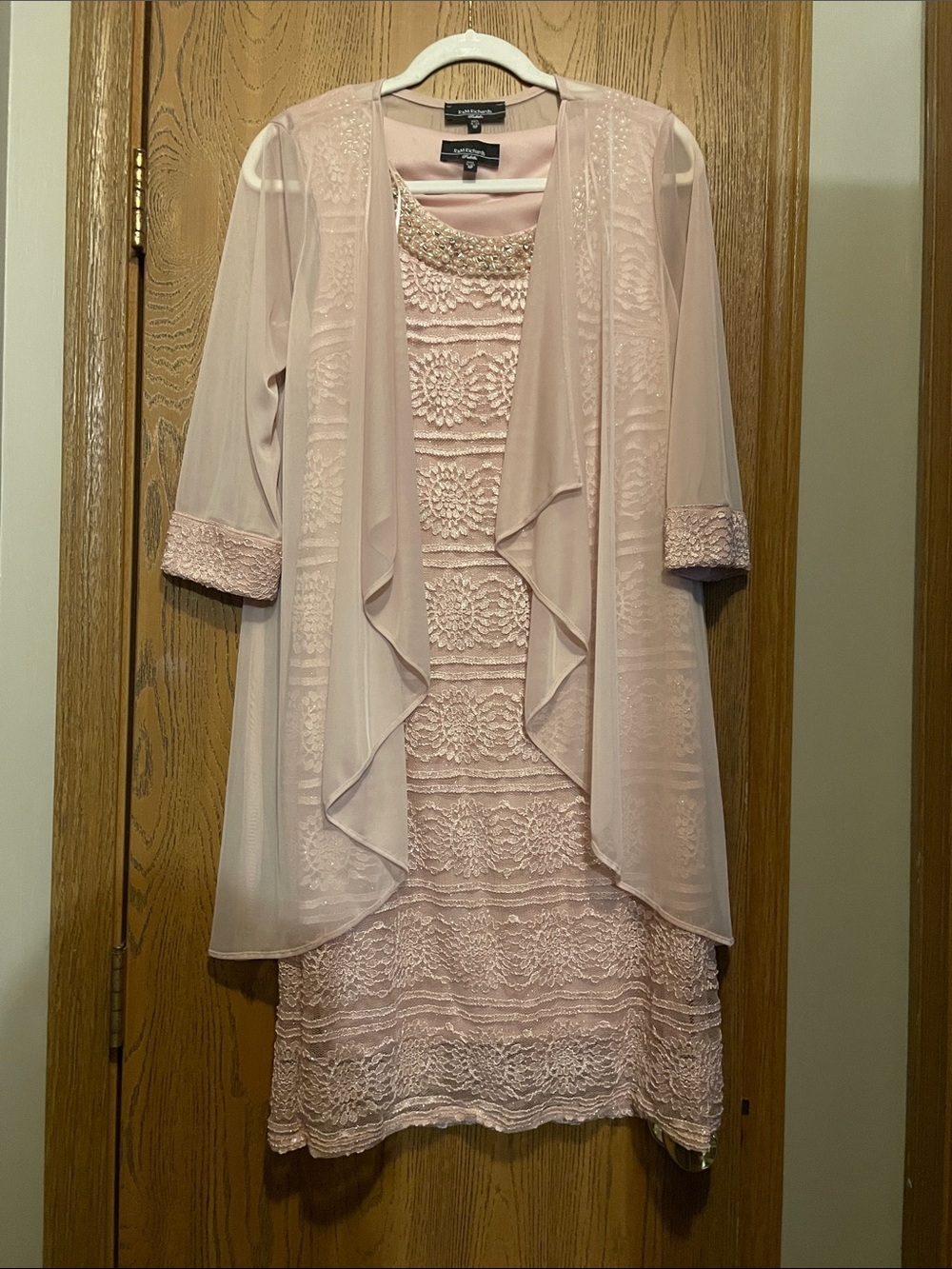 R&M Richards Pink Beaded Lace Evening Dress Set